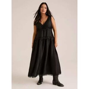 Torrid Festi+ Black Satin Lace Trim Drop Waist Maxi Dress NWT Size 1x